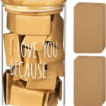AW BRIDAL "I Love You Because" memory jar with a bamboo lid and 50 blank kraft paper cards spilling out.