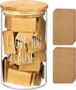 AW BRIDAL "I Love You Because" memory jar with a bamboo lid and 50 blank kraft paper cards spilling out.
