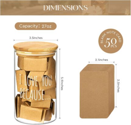 AW BRIDAL "I Love You Because" memory jar with a bamboo lid and 50 blank kraft paper cards spilling out.