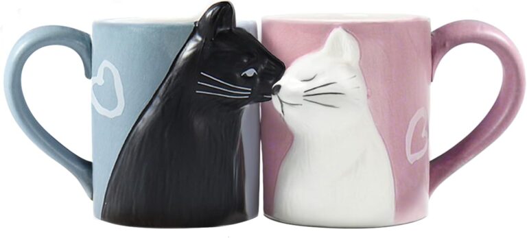 BigNoseDeer Kissing Cat Ceramic Coffee Mugs, Set of 2, Blue & Pink