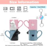A pair of BigNoseDeer ceramic mugs, one blue and one pink, designed with cat faces that appear to kiss when placed together.