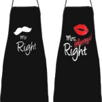 Two black aprons with white text, one reads "Mr. Right" and the other "Mrs. Always Right", tied together.