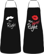 Two black aprons with white text, one reads "Mr. Right" and the other "Mrs. Always Right", tied together.