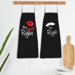 Two black aprons with white text, one reads "Mr. Right" and the other "Mrs. Always Right", tied together.