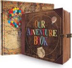 A vintage-style scrapbook journal with a 3D embossed cover, retro lock, and map details, open to show colorful pages.