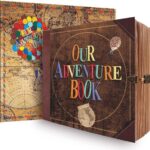 A vintage-style scrapbook journal with a 3D embossed cover, retro lock, and map details, open to show colorful pages.