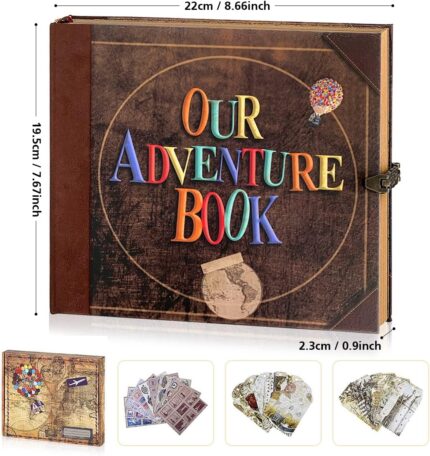 A vintage-style scrapbook journal with a 3D embossed cover, retro lock, and map details, open to show colorful pages.