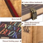 A vintage-style scrapbook journal with a 3D embossed cover, retro lock, and map details, open to show colorful pages.