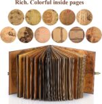 A vintage-style scrapbook journal with a 3D embossed cover, retro lock, and map details, open to show colorful pages.