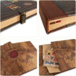 A vintage-style scrapbook journal with a 3D embossed cover, retro lock, and map details, open to show colorful pages.