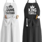 Two King and Queen aprons, one white and one black, with crowns and text, in an elegant gift box.