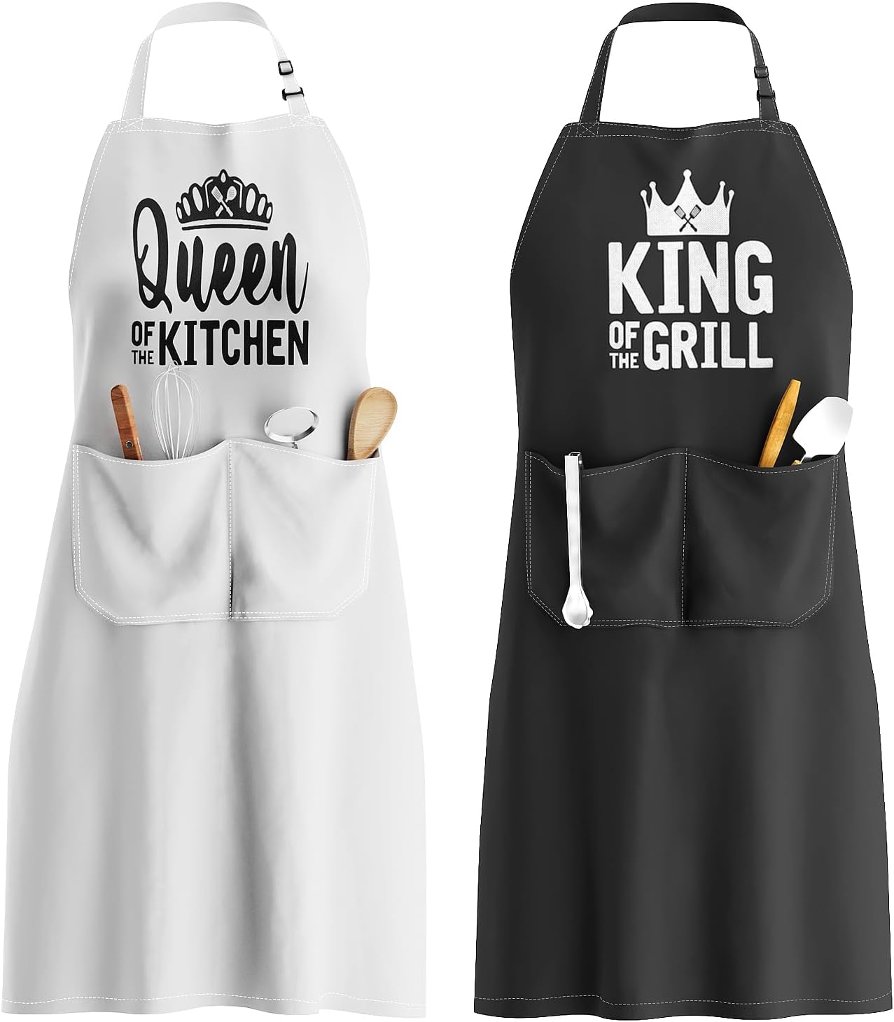 jdnfygx-king-queen-matching-couples-apron-set-2-waterproof-kitchen-aprons-01 Two King and Queen aprons, one white and one black, with crowns and text, in an elegant gift box.