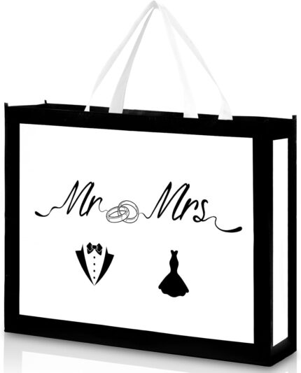 An extra-large white non-woven fabric gift bag featuring "Mr & Mrs" letter print and integrated handles.