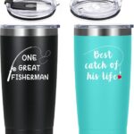 A black and a mint 20oz LiqCool travel tumbler, one with 'One Great Fisherman' and the other 'Best Catch of His Life' text.