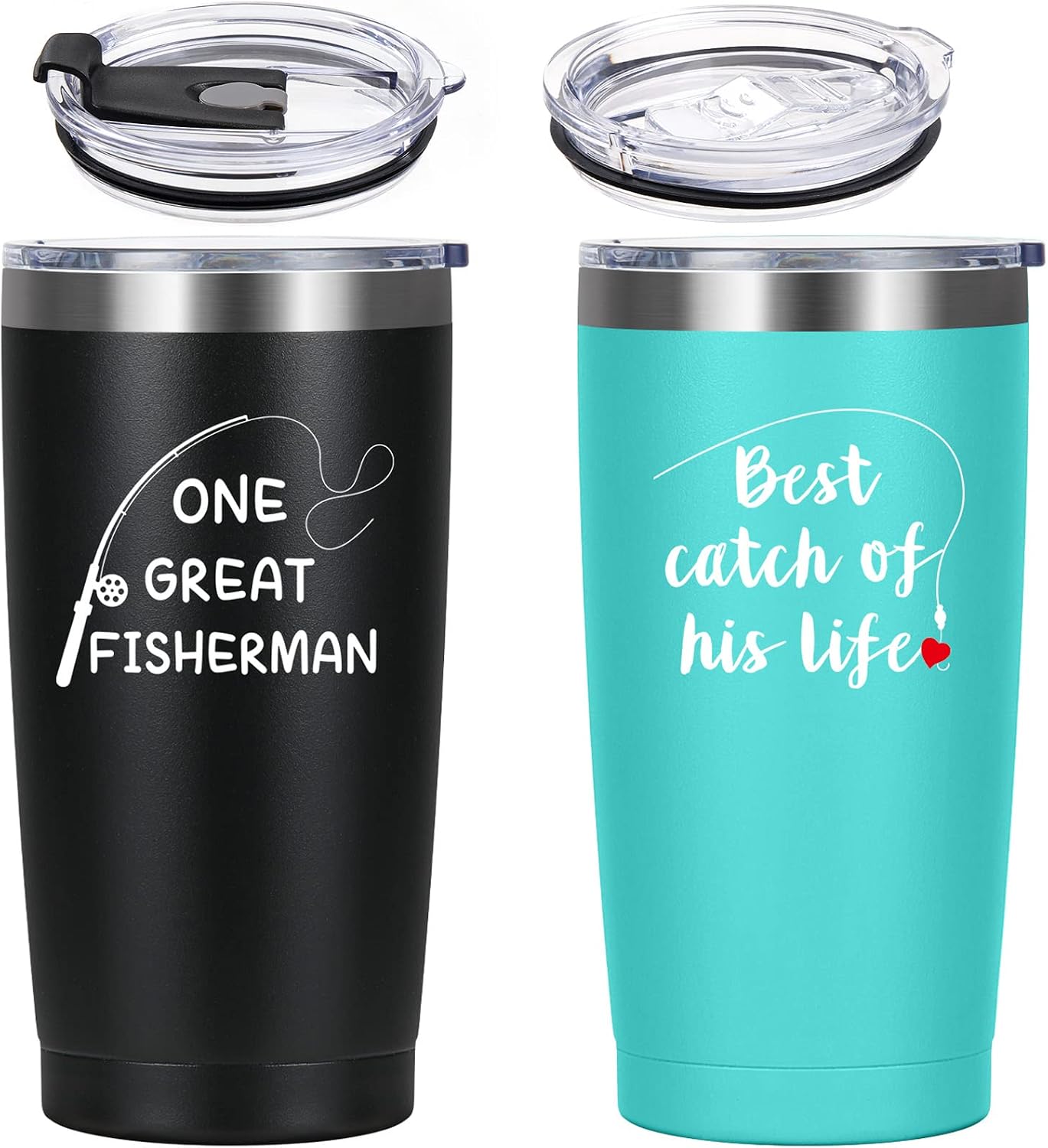 liqcool-his-hers-20oz-travel-tumbler-set-the-best-catch-of-his-life-01 A black and a mint 20oz LiqCool travel tumbler, one with 'One Great Fisherman' and the other 'Best Catch of His Life' text.