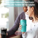 A black and a mint 20oz LiqCool travel tumbler, one with 'One Great Fisherman' and the other 'Best Catch of His Life' text.