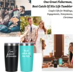 A black and a mint 20oz LiqCool travel tumbler, one with 'One Great Fisherman' and the other 'Best Catch of His Life' text.