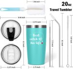 A black and a mint 20oz LiqCool travel tumbler, one with 'One Great Fisherman' and the other 'Best Catch of His Life' text.