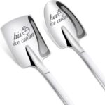 Two silver stainless steel spoons, one engraved 'His' and the other 'Hers', side by side on a clean background.