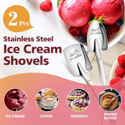 Two silver stainless steel spoons, one engraved 'His' and the other 'Hers', side by side on a clean background.
