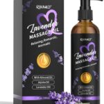 RIHAKO Lavender Sensual Massage Oil bottle, with a soothing purple label, designed for couples' relaxation and intimacy.