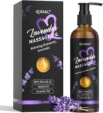 RIHAKO Lavender Sensual Massage Oil bottle, with a soothing purple label, designed for couples' relaxation and intimacy.