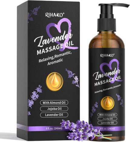 RIHAKO Lavender Sensual Massage Oil bottle, with a soothing purple label, designed for couples' relaxation and intimacy.