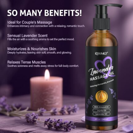 RIHAKO Lavender Sensual Massage Oil bottle, with a soothing purple label, designed for couples' relaxation and intimacy.