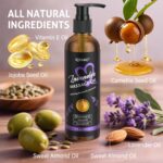 RIHAKO Lavender Sensual Massage Oil bottle, with a soothing purple label, designed for couples' relaxation and intimacy.