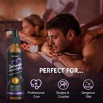 RIHAKO Lavender Sensual Massage Oil bottle, with a soothing purple label, designed for couples' relaxation and intimacy.