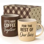 Two brown and cream Triple Gifffted ceramic mugs in a vintage-style gift box, ideal for couples.