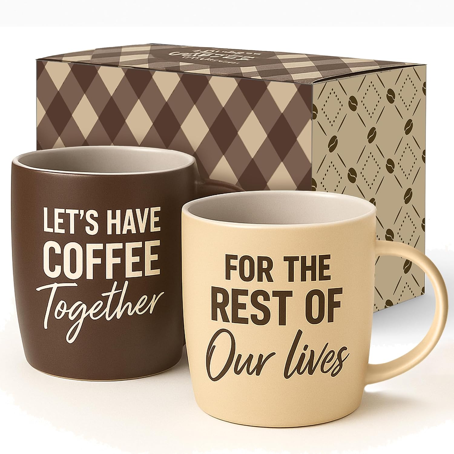 triple-gifffted-lets-have-coffee-together-13oz-mug-set-for-couples-01 Two brown and cream Triple Gifffted ceramic mugs in a vintage-style gift box, ideal for couples.