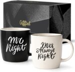 Two black and white ceramic coffee mugs in a gift box, one reading "Mr Right" and the other "Mrs Always Right".