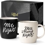 Two black and white ceramic coffee mugs in a gift box, one reading "Mr Right" and the other "Mrs Always Right".