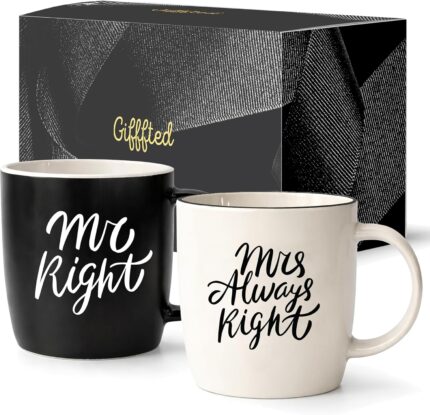 Two black and white ceramic coffee mugs in a gift box, one reading "Mr Right" and the other "Mrs Always Right".