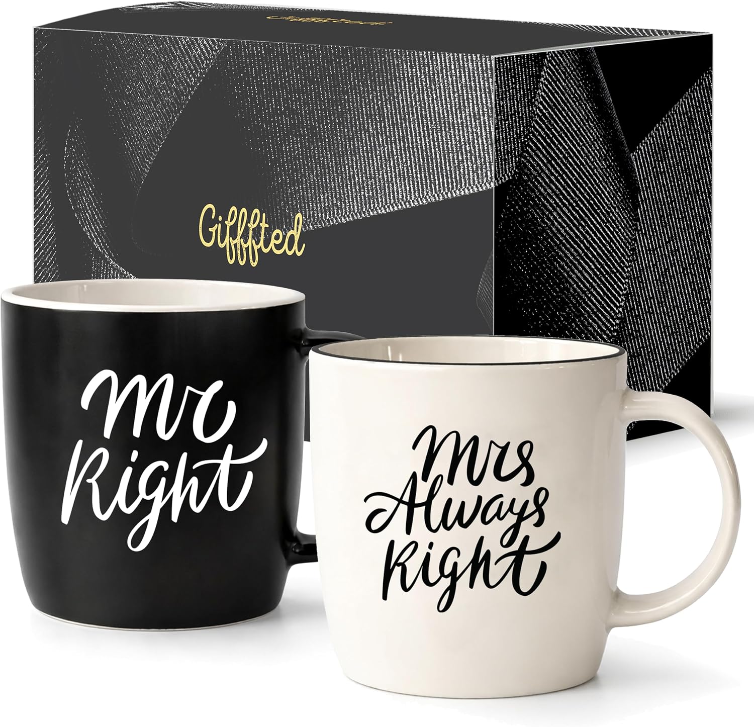 triple-gifffted-mr-right-mrs-always-right-13oz-coffee-mug-set-2-pack-01 Two black and white ceramic coffee mugs in a gift box, one reading "Mr Right" and the other "Mrs Always Right".