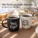 Two black and white ceramic coffee mugs in a gift box, one reading "Mr Right" and the other "Mrs Always Right".