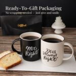 Two black and white ceramic coffee mugs in a gift box, one reading "Mr Right" and the other "Mrs Always Right".