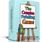 The Couples Painting Game box and components, including red cards, small easel, paint brushes, and timer.