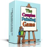 The Couples Painting Game box and components, including red cards, small easel, paint brushes, and timer.