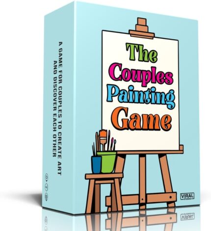 The Couples Painting Game box and components, including red cards, small easel, paint brushes, and timer.