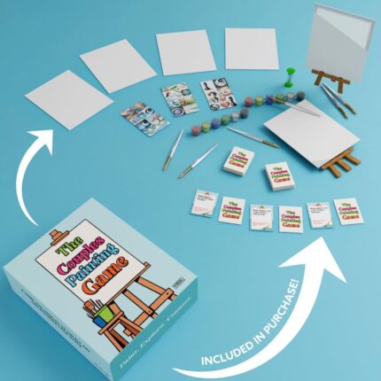 The Couples Painting Game box and components, including red cards, small easel, paint brushes, and timer.