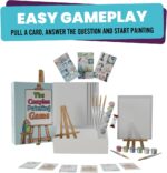 The Couples Painting Game box and components, including red cards, small easel, paint brushes, and timer.