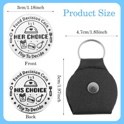 A silver, round stainless steel coin with 'Ymapinc' engraved, displaying food choices on one side and date night ideas on the